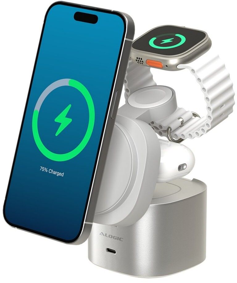 Alogic PowerPod 4-in-1 Qi2 Wireless Charging Stand - Vit | iPhone - Generella tillbehör - Hållare - Bordsstativ - Med Qi-laddning | AlltMobil