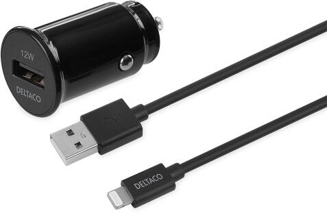 Deltaco Car Charger with USB-A to Lightning Cable | iPhone - Generella tillbehör - Biltillbehör - Billaddare - Med Lightning-kabel | AlltMobil